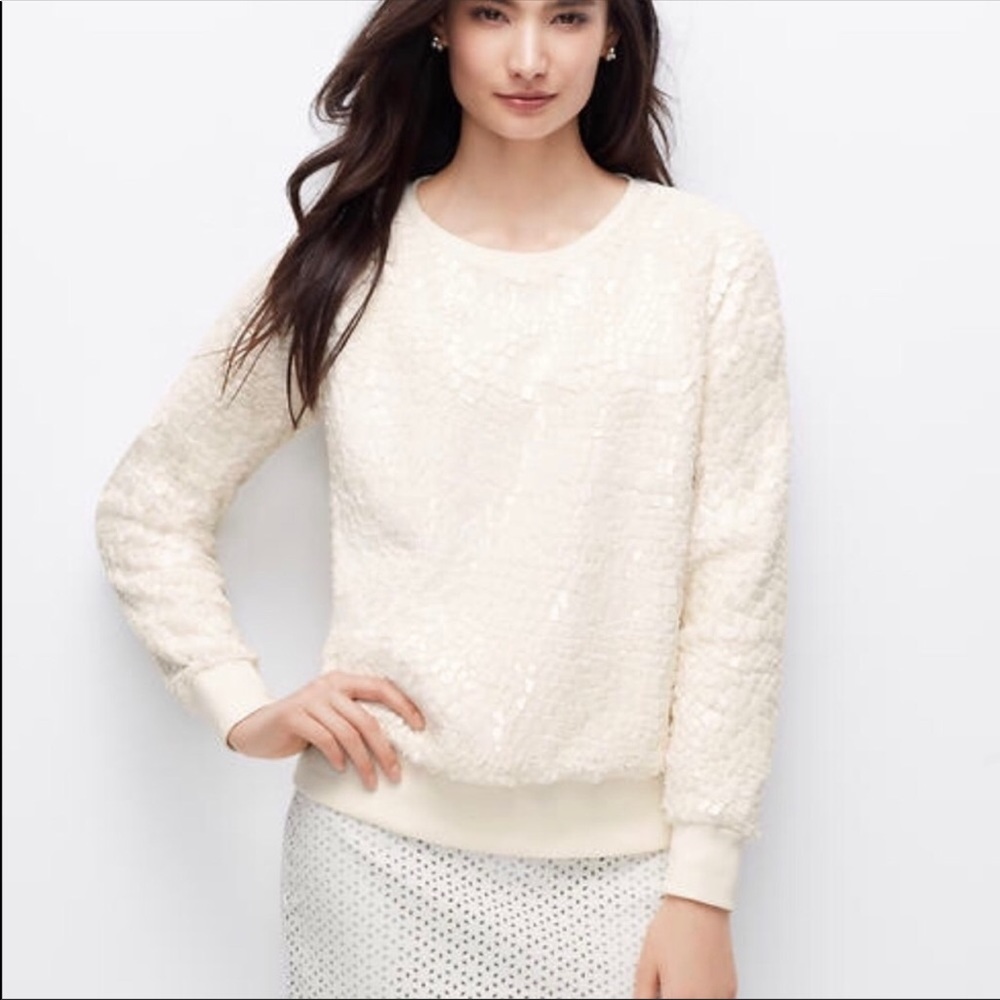 Ann Taylor Textured metallic crackled shimmer glitter sweatshirt white